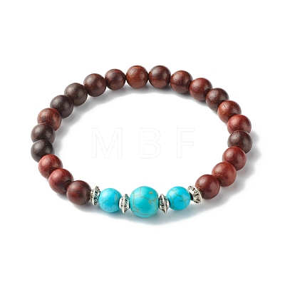 Natural Map Jasper & Natural Wood & Synthetic Turquoise(Dyed) Stretch Bracelets Set for Girl Women BJEW-JB06893-1