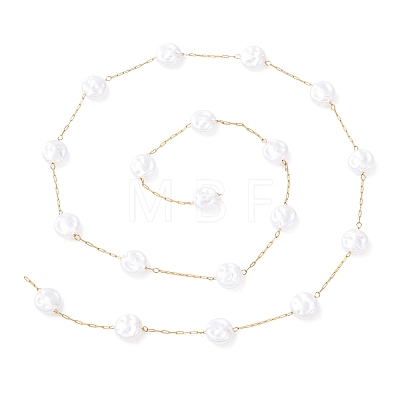 304 Stainless Steel & ABS Plastic Pearl Flat Round Bead Cable Chains CHS-G048-03G-1