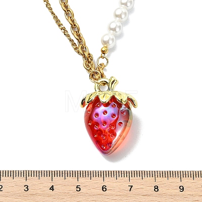 Acrylic Strawberry Pendant 304 Stainless Steel Mixed Chain Necklaces with Shell Pearl Beads NJEW-JN06114-02-1