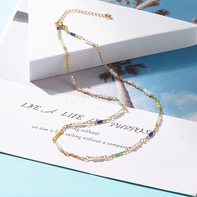 Imitation Pearl & Glass Seed Beaded Chain Necklace for Women NJEW-JN03807-1