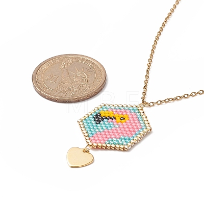 Glass Seed Braided Hexagon with Flamingo Pendant Necklace NJEW-MZ00014-1