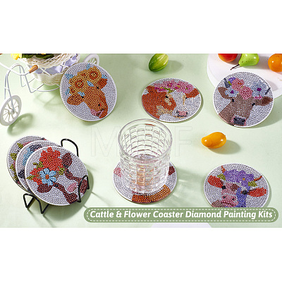 DIY Cattle & Flower Pattern Coaster Diamond Painting Kits DIY-TAC0016-53-1