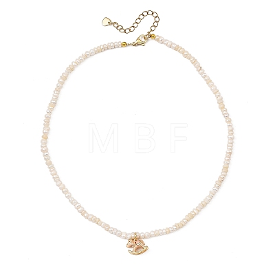 Brass Enamel Pink Rocking Horse Pendant Natural Cultured Freshwater Pearl Beaded Necklaces for Women NJEW-JN06163-1