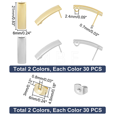 Unicraftale 60Pcs 2 Colors 304 Stainless Steel Stud Earring Findings STAS-UN0046-14-1