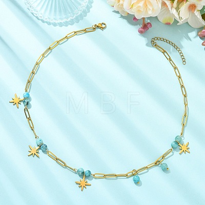 304 Stainless Steel Paperclip Chain Star Pendant Necklaces with Natural Hemimorphite Beads for Women NJEW-JN06251-02-1