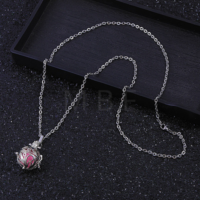 Brass Essential Oil Diffuser Hollow Round Cage Pendant Necklaces with Pink Felt Wool Ball Inside RA9703-1