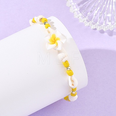 Polymer Clay Flower & Glass & Natural Trumpet Shell Beaded Bracelets for Women BJEW-JB14391-1