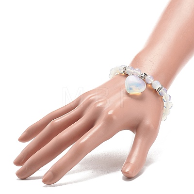 Opalite Round Beaded Stretch Bracelet with Heart Charm BJEW-JB09019-01-1