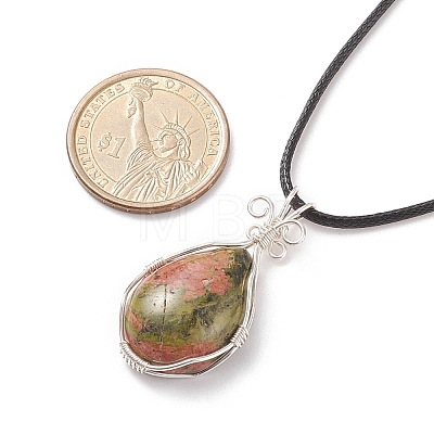 Natural Unakite Teardrop Pendant Necklaces Set with Waxed Cords for Women NJEW-TA00034-01-1