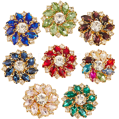 8Pcs 8 Colors Flower Brass & Glass Rhinestone Cufflinks FIND-CY0002-39-1