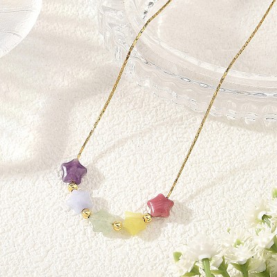 Natural & Synthetic Mixed Gemstone Beaded Pendant 304 Stainless Steel Boston Link Chain Necklaces NJEW-JN06419-01-1