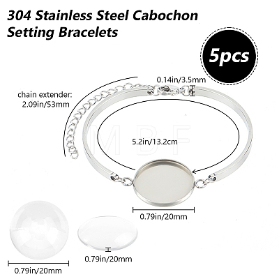Beebeecraft 5Pcs 304 Stainless Steel Flat Round Cabochon Setting Bracelets DIY-BBC0001-72-1