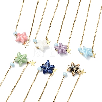 Ocean Handmade Porcelain Starfish Pendant 304 Stainless Steel Cable Chain Necklaces for Women NJEW-JN06138-1