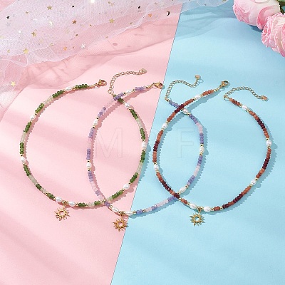 201 Stainless Steel Sun Pendant Dyed Faceted Rondelle Natural Malaysia Jade & Natural Pearl Beaded Necklaces NJEW-JN05814-1