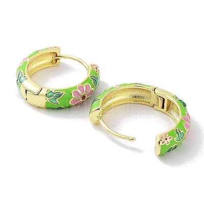 Real 18K Gold Plated Brass Enamel Flower Print Hoop Earrings for Women EJEW-L269-117G-1