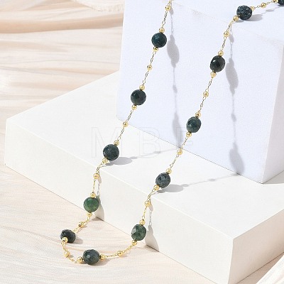 Natural Moss Agate Faceted Flat Round Beaded Chain Necklaces with Matte Brass Beads GG-CBA37F5-01G-03-1