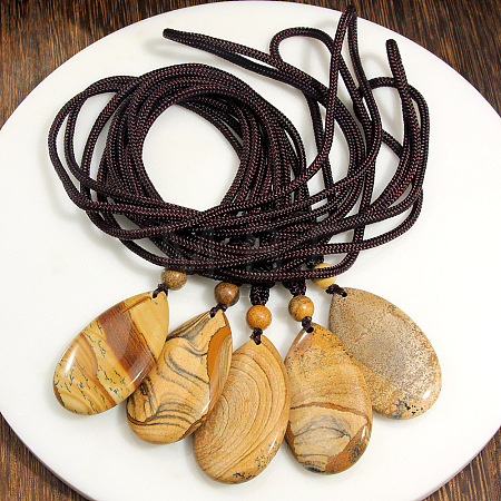 Natural Picture Jasper Teardrop Pendant Adjustable Cotton Cord Long Necklaces for Women WG5FD2E-01-1