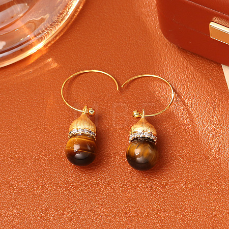 Natural Tiger Eye & Brass & Cubic Zirconia Dangle Earrings WGAC9F4-02-1