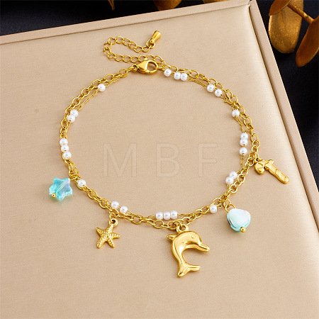 304 Stainless Steel & Plastic Pearl & Natural Stone Nuggets Tassel Double Layer Anklets FS-WG5DBE1-03-1