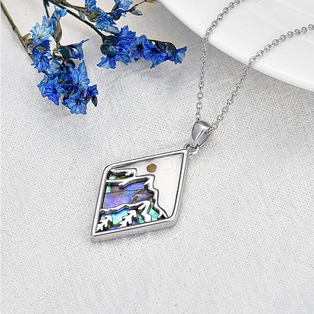 304 Stainless Steel Pave Natural Paua Shell & Mustard Seeds Rhombus with Mountain Faith Pendant Necklaces FS-WG4919D-01-1