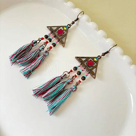 Bohemian Alloy Enamel & Wood & Resin Tassel Chandelier Earrings for Women WGE613F-02-1