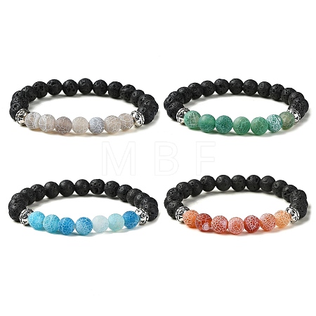4Pcs 4 Color Natural Dyed Crackle Agate & Lava Rock Round Beaded Stretch Bracelets Set BJEW-TA00444-1