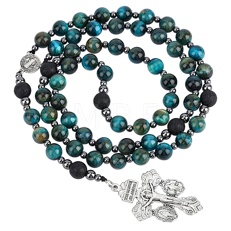 Dyed Natural Cadet Blue Tiger Eye & Synthetic Non-Magnetic Hematite & Lava Rock Round Rosary Bead Necklaces HJEW-DC00192-1