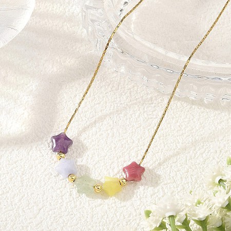 Natural & Synthetic Mixed Gemstone Beaded Pendant 304 Stainless Steel Boston Link Chain Necklaces NJEW-JN06419-01-1