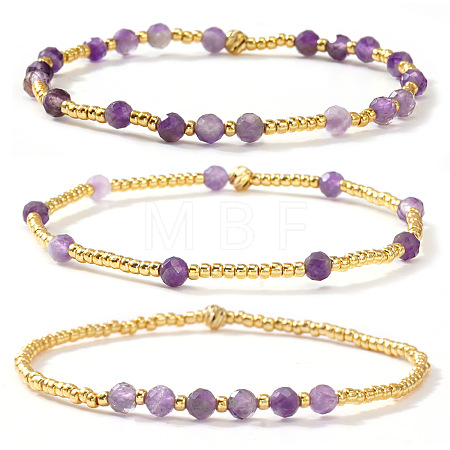 3Pcs 3 Styles Natural Amethyst & Brass Beads Stretch Bracelets fore Women JB5530-1-1