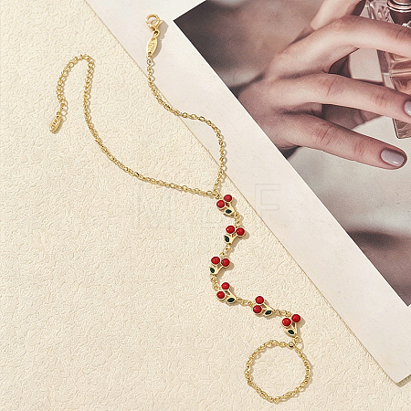 Bohemian Brass Enamel Red Cherry Charm Hand Chain Finger Ring Bracelets for Women LZ1117-1