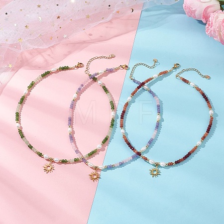 201 Stainless Steel Sun Pendant Dyed Faceted Rondelle Natural Malaysia Jade & Natural Pearl Beaded Necklaces NJEW-JN05814-1