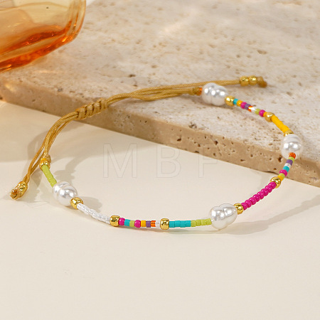 Glass Seed Beads & Imitation Pearl Braided Bead Bracelets QM2357-1-1
