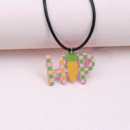Colorful Happy Easter Acrylic Plaid Pendant Black Waxed Cord Necklaces for Women FS-WGC6641-01-1