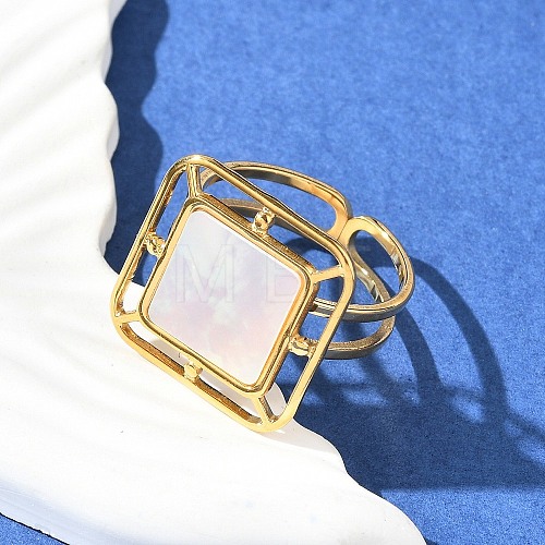 Square 304 Stainless Steel White Shell Cuff Rings for Women RJEW-G346-03G-02-1