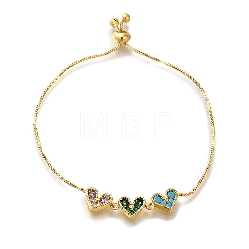 Rack Plating Brass Micro Pave Colorful Cubic Zirconia Box Chain Heart Link Slider Bracelets BJEW-H614-01G-01-1