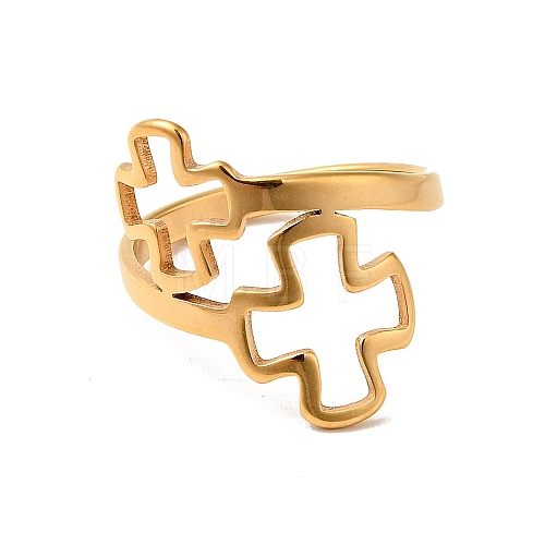 Ion Plating(IP) 201 Stainless Steel Double Cross Finger Ring for Women RJEW-G266-09G-1
