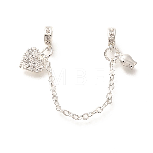 Brass Clear Cubic Zirconia European Safety Chains with Heart & Rose Charms KK-C085-16S-1