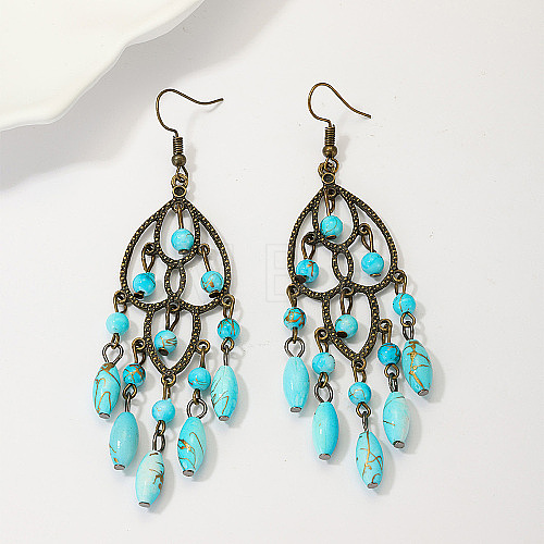 Synthetic Turquoise Woven Web/Net with Oval Tassel Dangle Earrings AZ8762-2-1