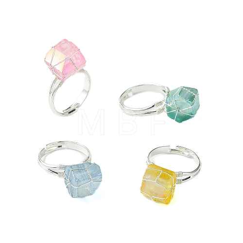 4Pcs 4 Colors Wire Wrapped Nuggest Electroplated Natural Quartz Beads Adjustable Rings RJEW-TA00142-1