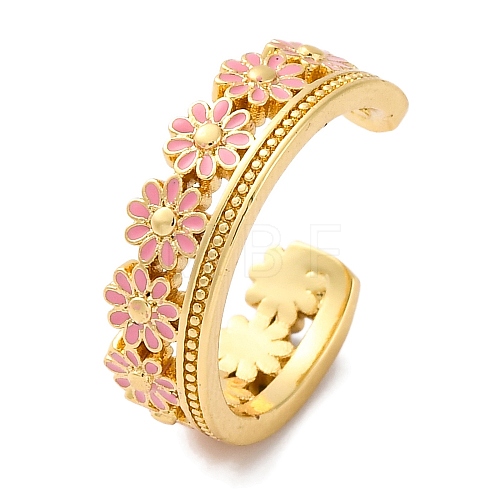 Rack Plating Flower Brass Enamel Open Cuff Rings for Women RJEW-S242-09G-A-1