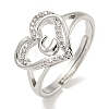 Heart with Letter Rack Plating Brass Micro Pave Clear Cubic Zirconia Adjustable Rings for Women RJEW-I105-01P-C-1