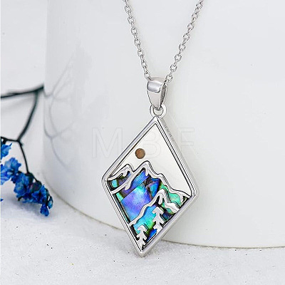 304 Stainless Steel Pave Natural Paua Shell & Mustard Seeds Rhombus with Mountain Faith Pendant Necklaces FS-WG4919D-01-1