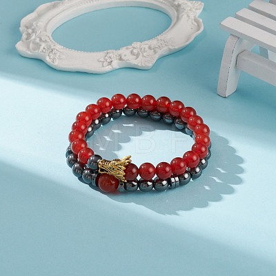 2Pcs 2 Style Natural Red Agate Carnelian(Dyed & Heated) & Synthetic Hematite Stretch Bracelets Set with Alloy Dragon BJEW-JB08655-1