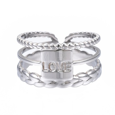304 Stainless Steel Rectangle with Word Love Open Cuff Ring RJEW-T023-39P-1