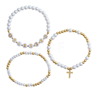 3Pcs Imitation Pearl Letter & Metal Cross Multi-Strand Bracelet Sets NP1361-1