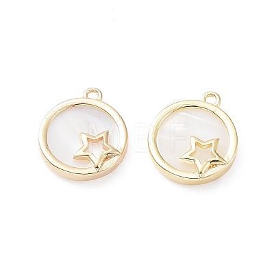 Rack Plating Brass Flat Round Charms with Shell KK-A183-46G-1