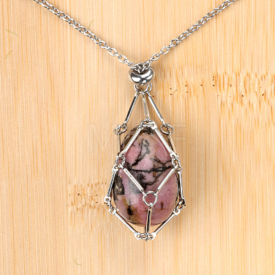 Natural Rhodonite Easter Egg Cage Pendant 304 Stainless Steel Cable Chain Necklaces FS-WGA333C-02-1