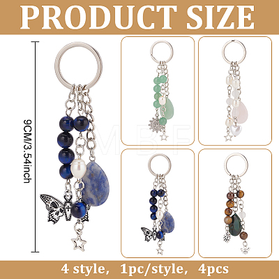 Gemstone with ABS Plastic Imitation Pearl Beaded Keychain with Star/Heart/Sun/Butterfly Alloy Pendants KEYC-PH01516-01-1