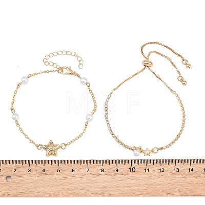 Brass Pave Clear AB Cubic Zirconia Bowknot Star Link Bracelet Sets for Women KK-CBA6599-03G-1