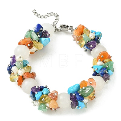 Natural White Jade Round & Mixed Stone Chips & Pearl Beaded Bracelet BJEW-JB09631-02-1